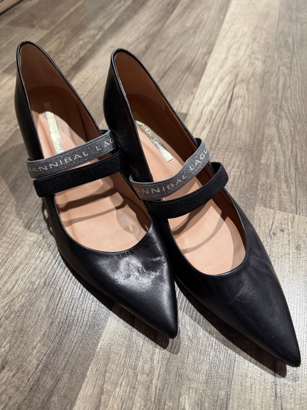Hannibal Laguna Black Pointed Heels with Branded Elastic Straps - Picture 2 of 6